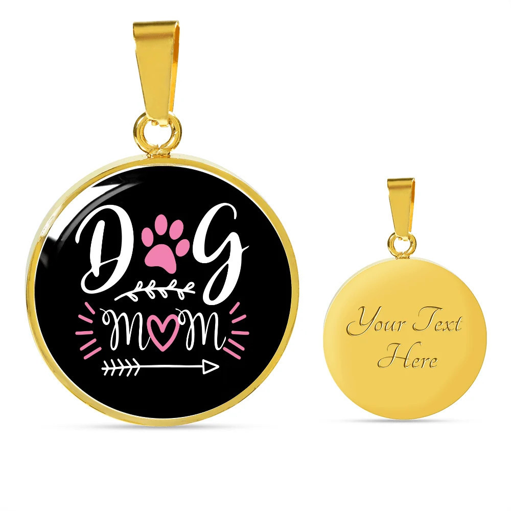 Dog Mom Pink White Personalized Engraved Gold Circle Necklace Custom Name Date